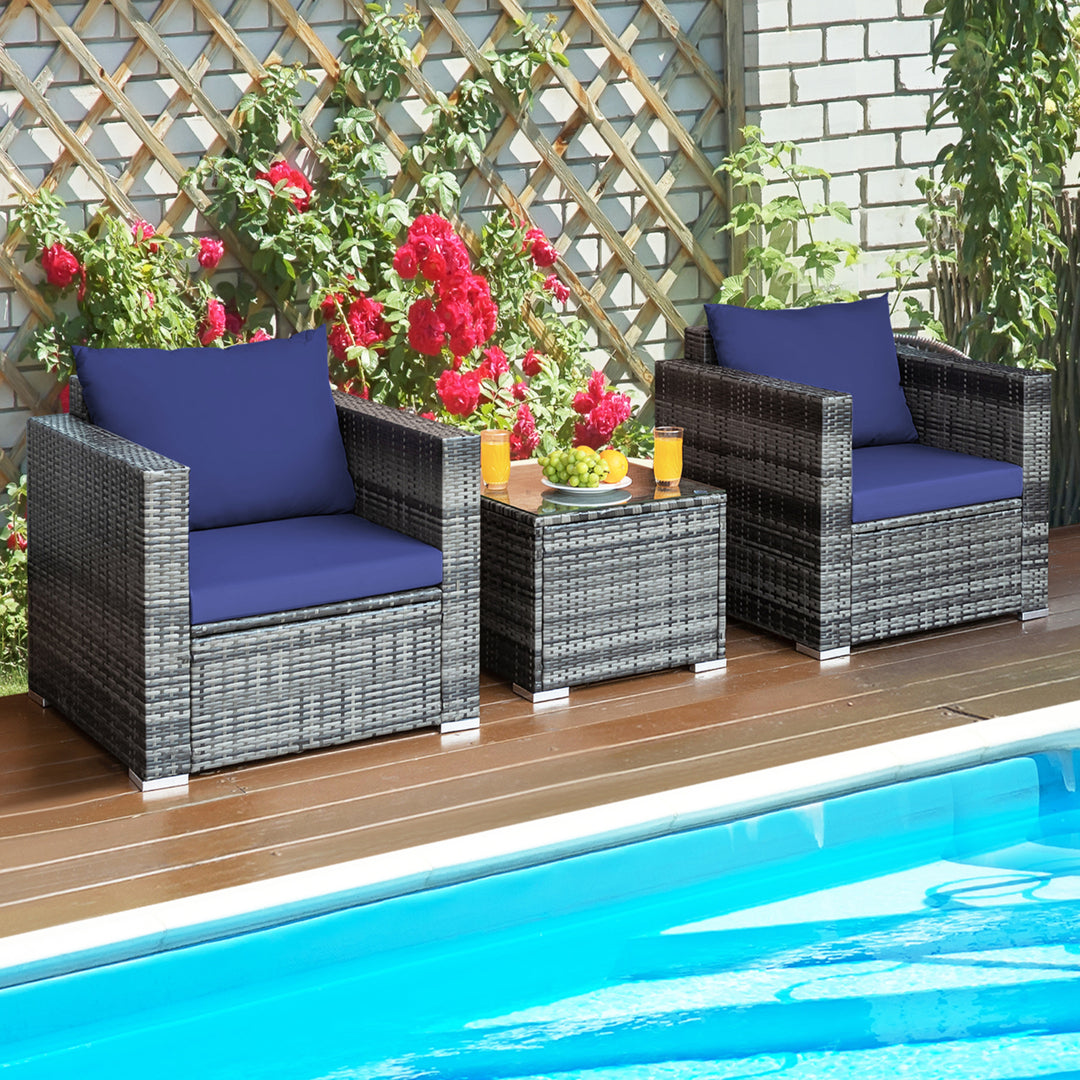 3PCS Rattan Patio Conversation Furniture Set Outdoor Yard w/ Navy Cushion Image 1