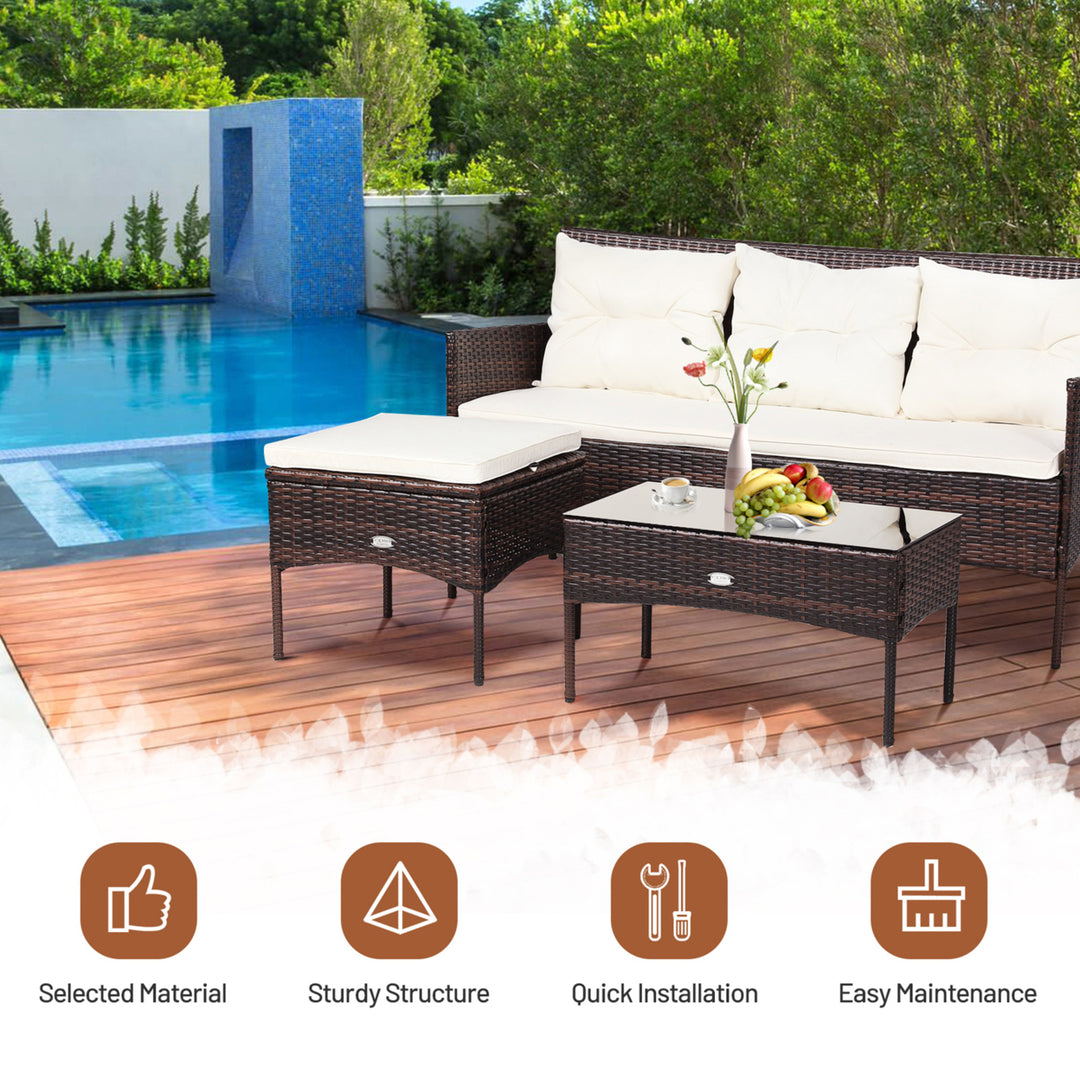 3PCS Patio Rattan Sectional Conversation Furniture Set w/ Off White Cushions Image 5