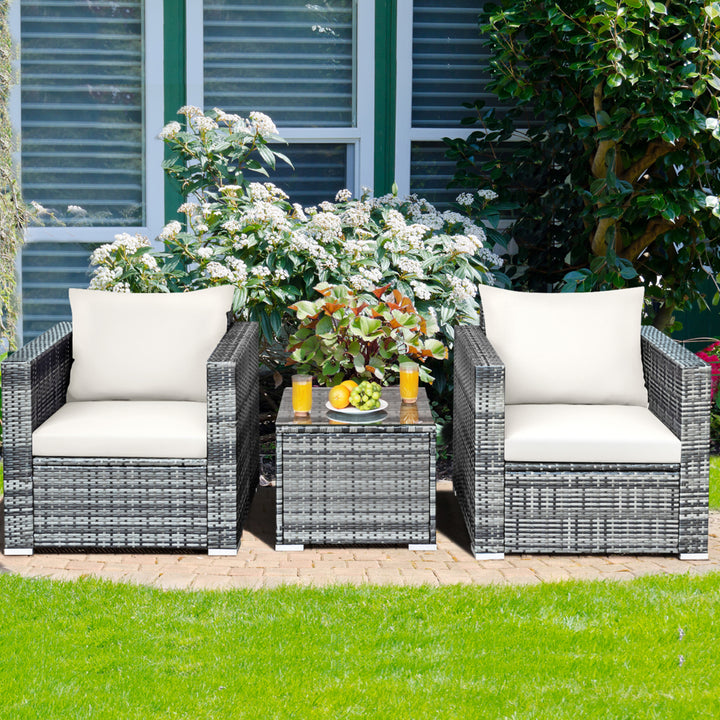 3PCS Rattan Patio Conversation Furniture Set Outdoor Yard w/ White Cushion Image 4