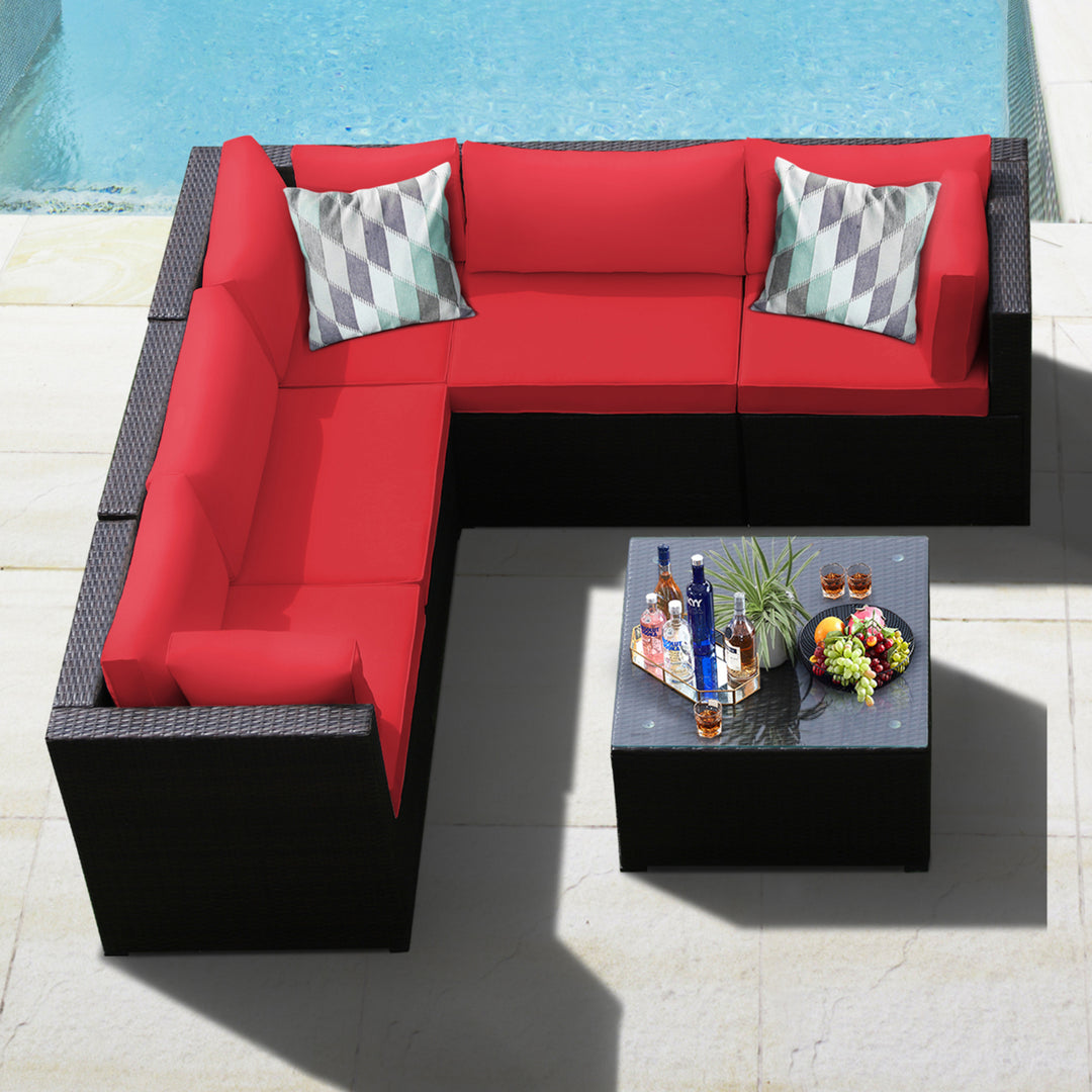 6PCS Rattan Patio Sectional Sofa Conversation Set Outdoor w/ Red Cushions Image 1