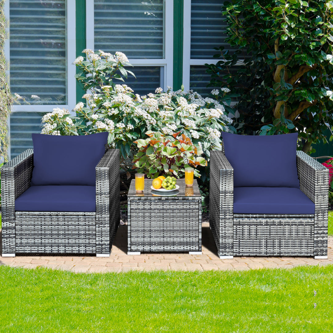 3PCS Rattan Patio Conversation Furniture Set Outdoor Yard w/ Navy Cushion Image 4