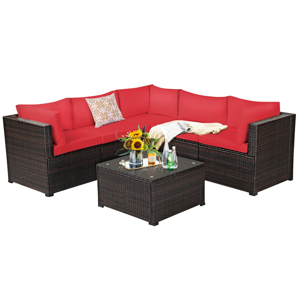 6PCS Rattan Patio Sectional Sofa Conversation Set Outdoor w/ Red Cushions Image 2