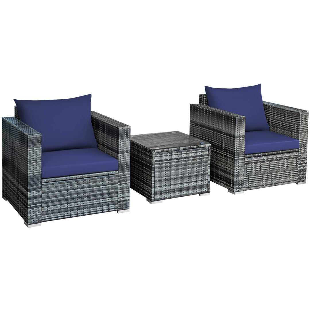 3PCS Rattan Patio Conversation Furniture Set Outdoor Yard w/ Navy Cushion Image 2