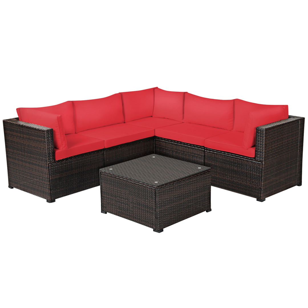 6PCS Rattan Patio Sectional Sofa Conversation Set Outdoor w/ Red Cushions Image 5