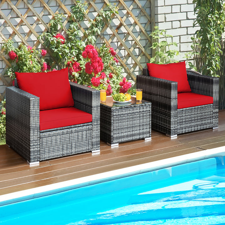 3PCS Rattan Patio Conversation Furniture Set Outdoor Yard w/ Red Cushion Image 1