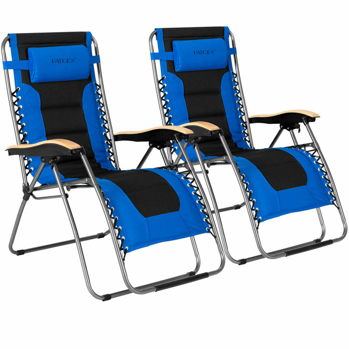 2PCS Folding Zero Gravity Chair Padded Lounge Chair w/ Beech Armrests Image 1