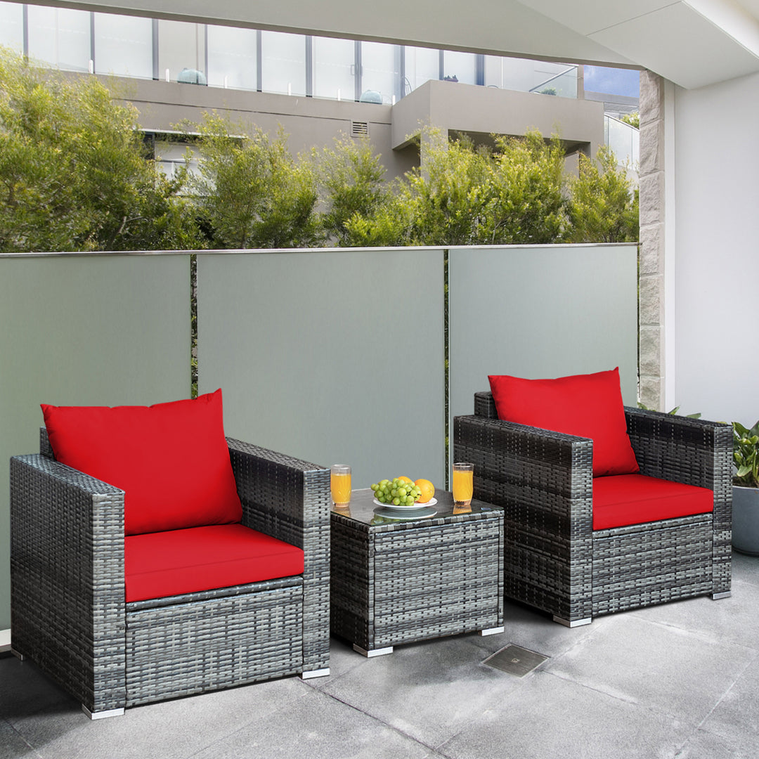 3PCS Rattan Patio Conversation Furniture Set Outdoor Yard w/ Red Cushion Image 9