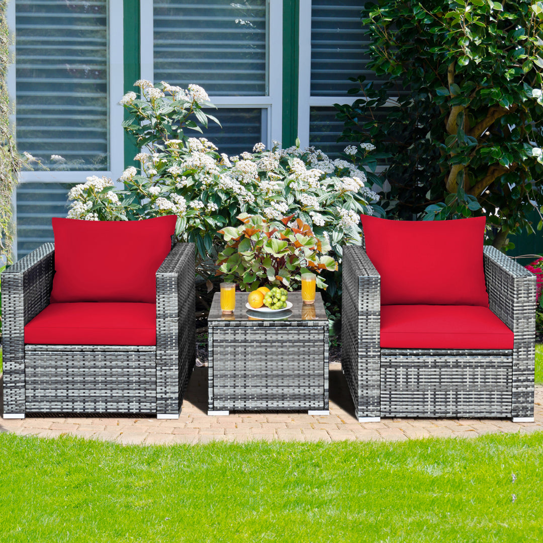 3PCS Rattan Patio Conversation Furniture Set Outdoor Yard w/ Red Cushion Image 4