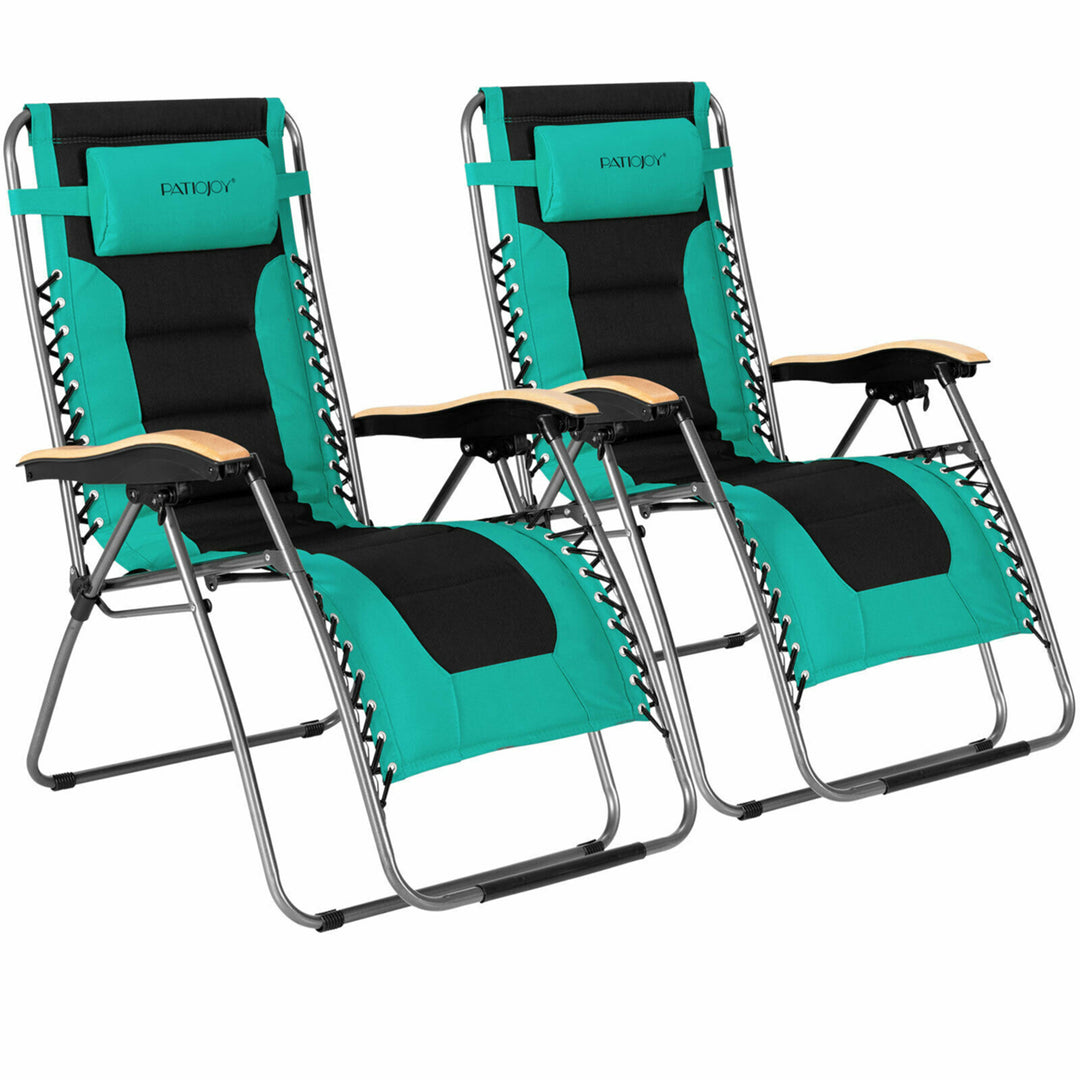 2PCS Folding Zero Gravity Chair Padded Lounge Chair w/ Beech Armrests Image 4