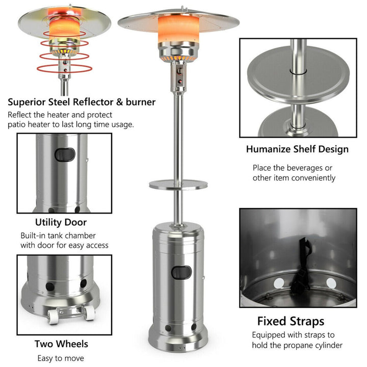 Patio 87 inches Tall Propane Heater 48,000 BTU W/Table and Wheels Silver Image 5