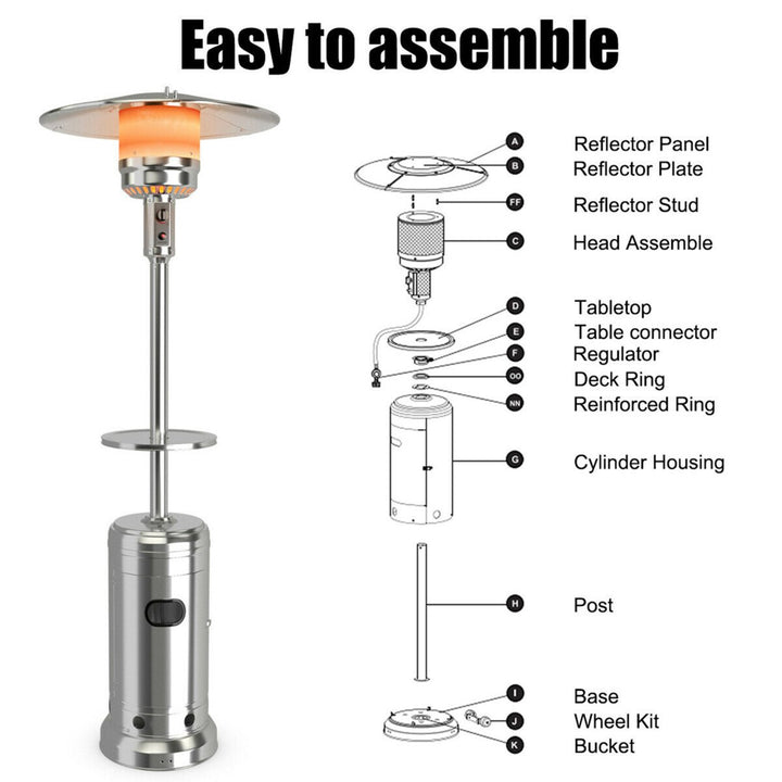 Patio 87 inches Tall Propane Heater 48,000 BTU W/Table and Wheels Silver Image 7