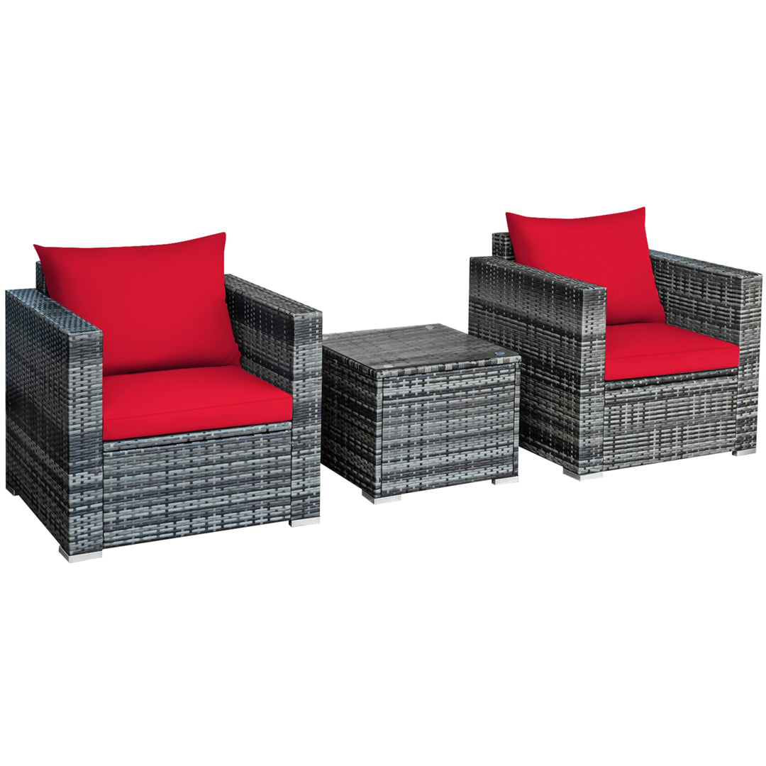 3PCS Rattan Patio Conversation Furniture Set Outdoor Yard w/ Red Cushion Image 2