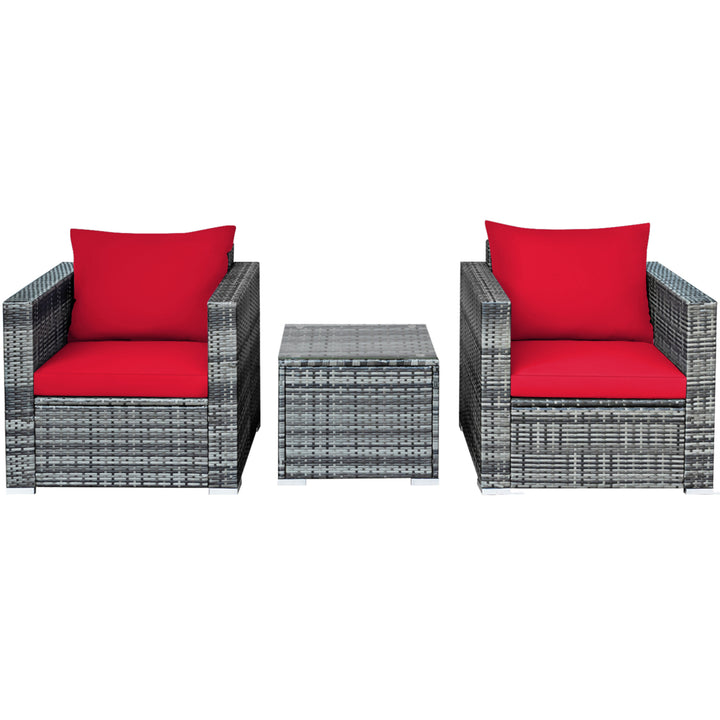 3PCS Rattan Patio Conversation Furniture Set Outdoor Yard w/ Red Cushion Image 10