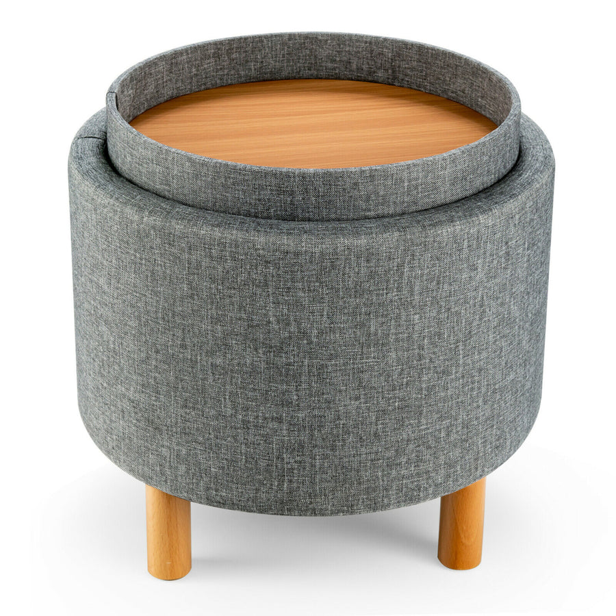 Round Storage Ottoman w/Tray Top Accent Padded Footrest w/Wood Legs Image 1