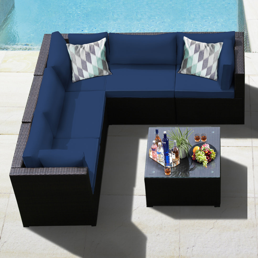 6PCS Rattan Patio Sectional Sofa Conversation Set Outdoor w/ Navy Cushions Image 1