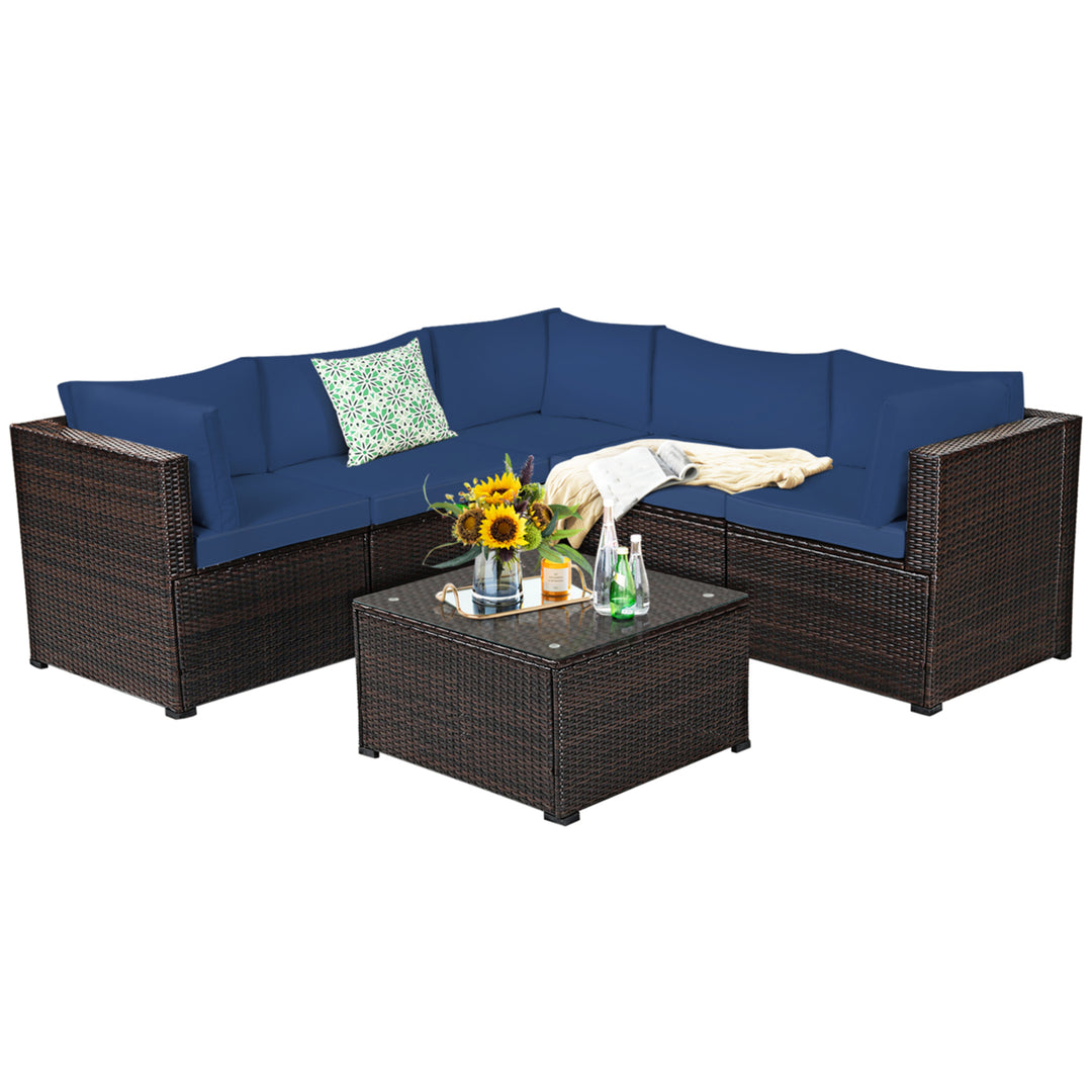 6PCS Rattan Patio Sectional Sofa Conversation Set Outdoor w/ Navy Cushions Image 2