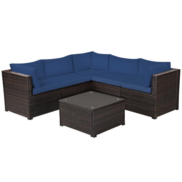 6PCS Rattan Patio Sectional Sofa Conversation Set Outdoor w/ Navy Cushions Image 5