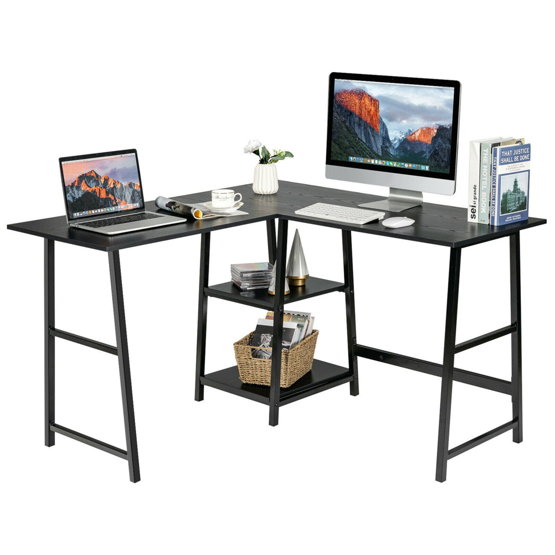 L Shaped Corner Computer Desk Study Table w/Storage Shelves Image 1