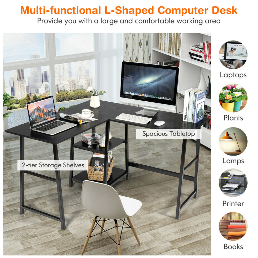 L Shaped Corner Computer Desk Study Table w/Storage Shelves Image 2