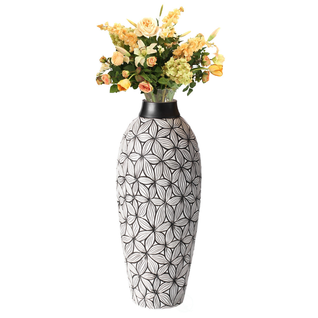 Flower-Inspired Ceramic Vase - Unique White 17-Inch-Tall Round Table Decor for Entryway, Dining Room, Living Room - Image 1