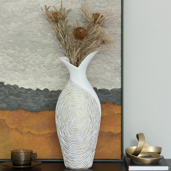 17.5 Inch Ribbed White Ceramic Vase Modern Accent Item Image 2