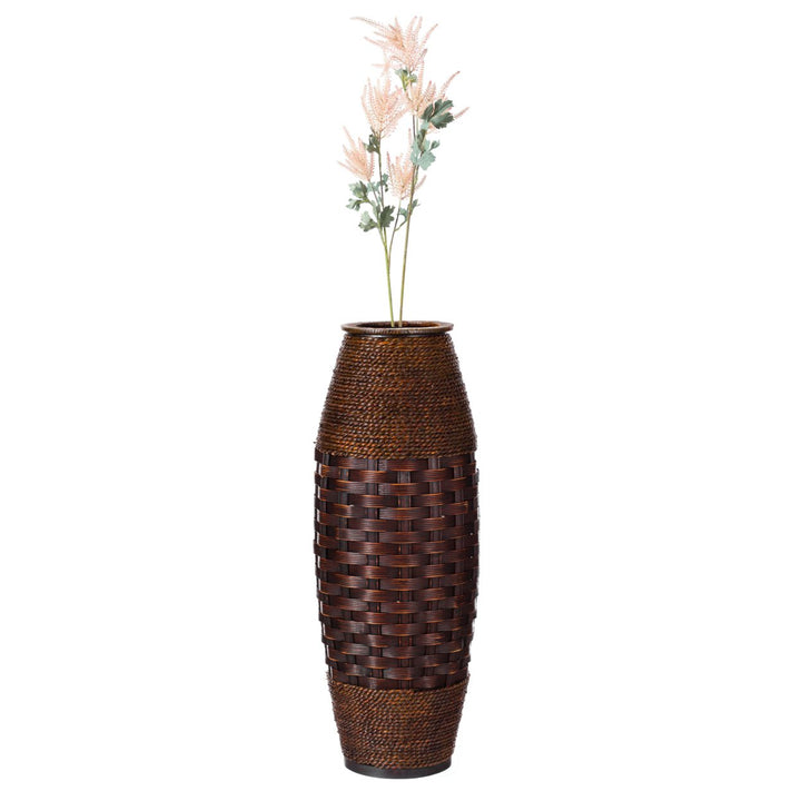 Antique Cylinder Floor Vase 26" Tall Brown Bamboo Rope for Living Room Entryway Image 1