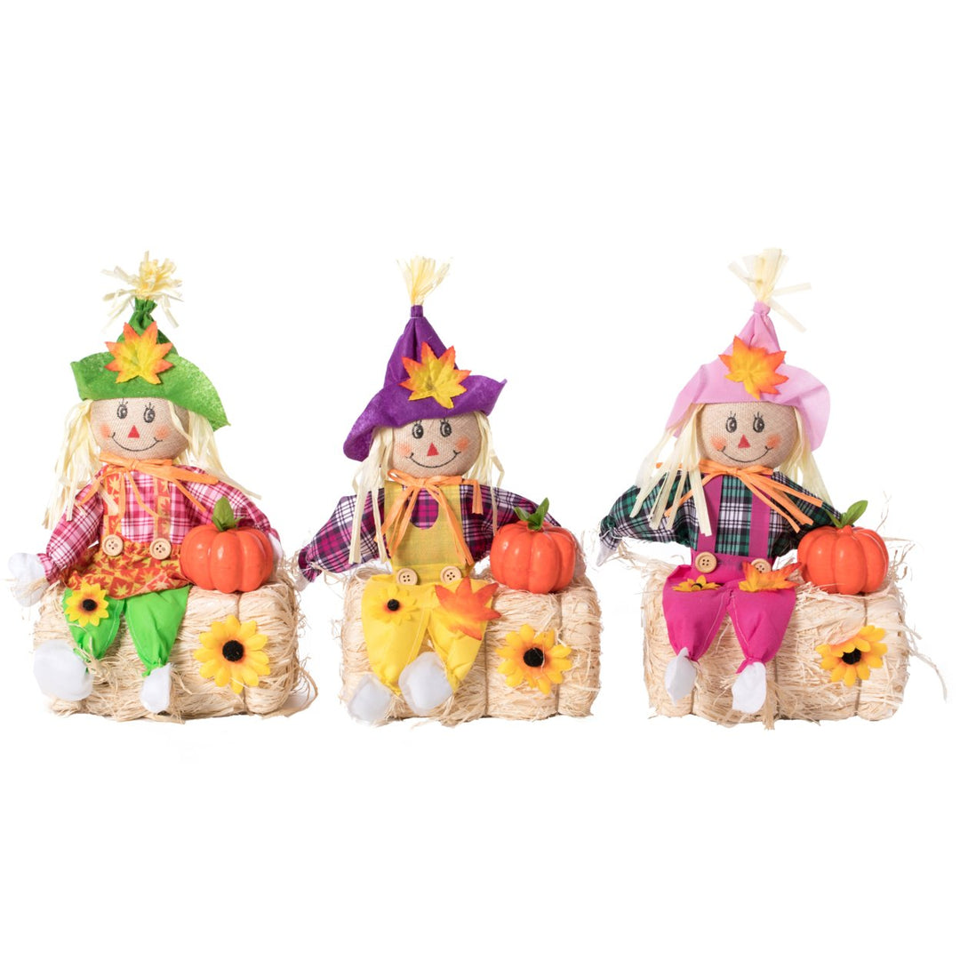 Gardenised 18 Inch Sitting on Straw and Hay Bales Multicolor Trio Scarecrows for Halloween, Fall and All Time Season Image 1