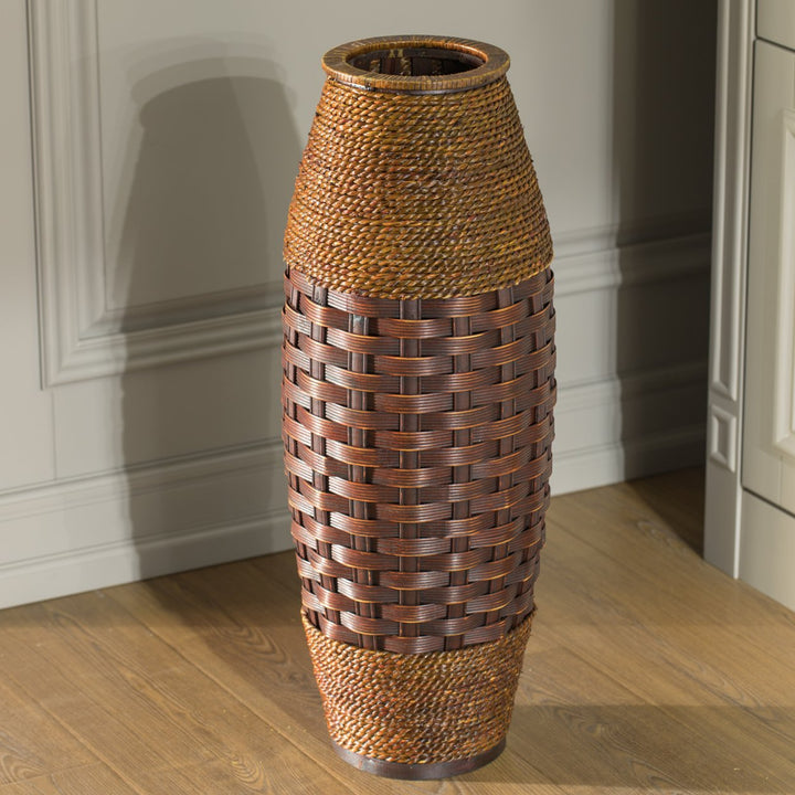 Antique Cylinder Floor Vase 26" Tall Brown Bamboo Rope for Living Room Entryway Image 5