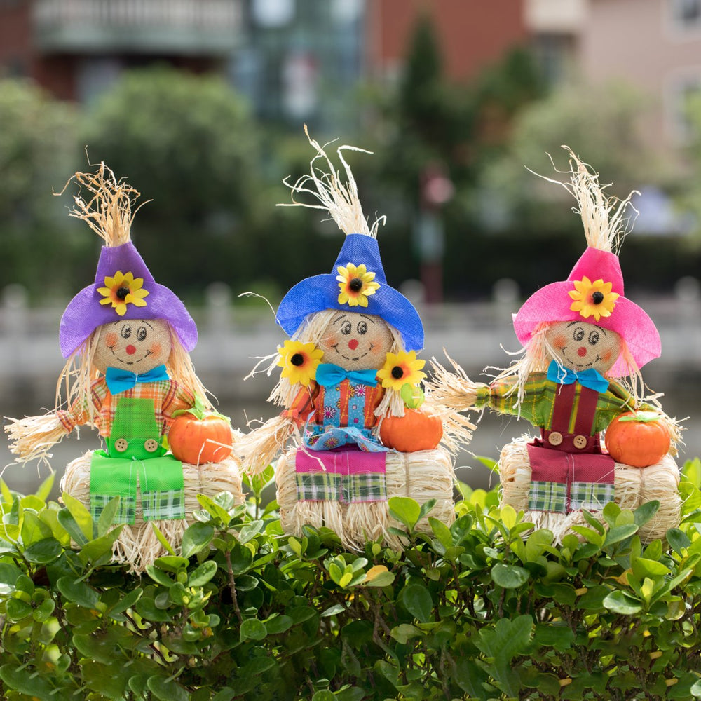 Gardenised 12 Inch Sitting on Straw and Hay Bales Multicolor Trio Scarecrows for Halloween, Fall and All Time Season Image 2