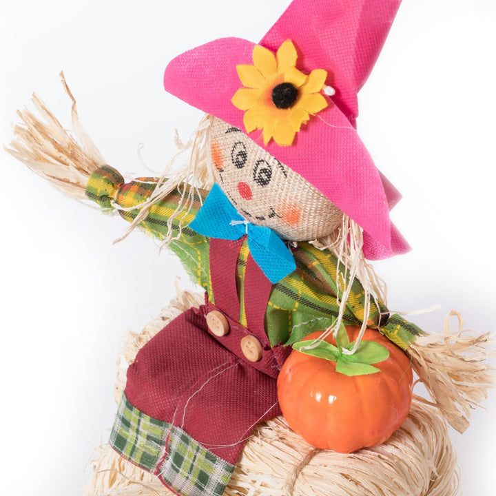 Gardenised 12 Inch Sitting on Straw and Hay Bales Multicolor Trio Scarecrows for Halloween, Fall and All Time Season Image 3