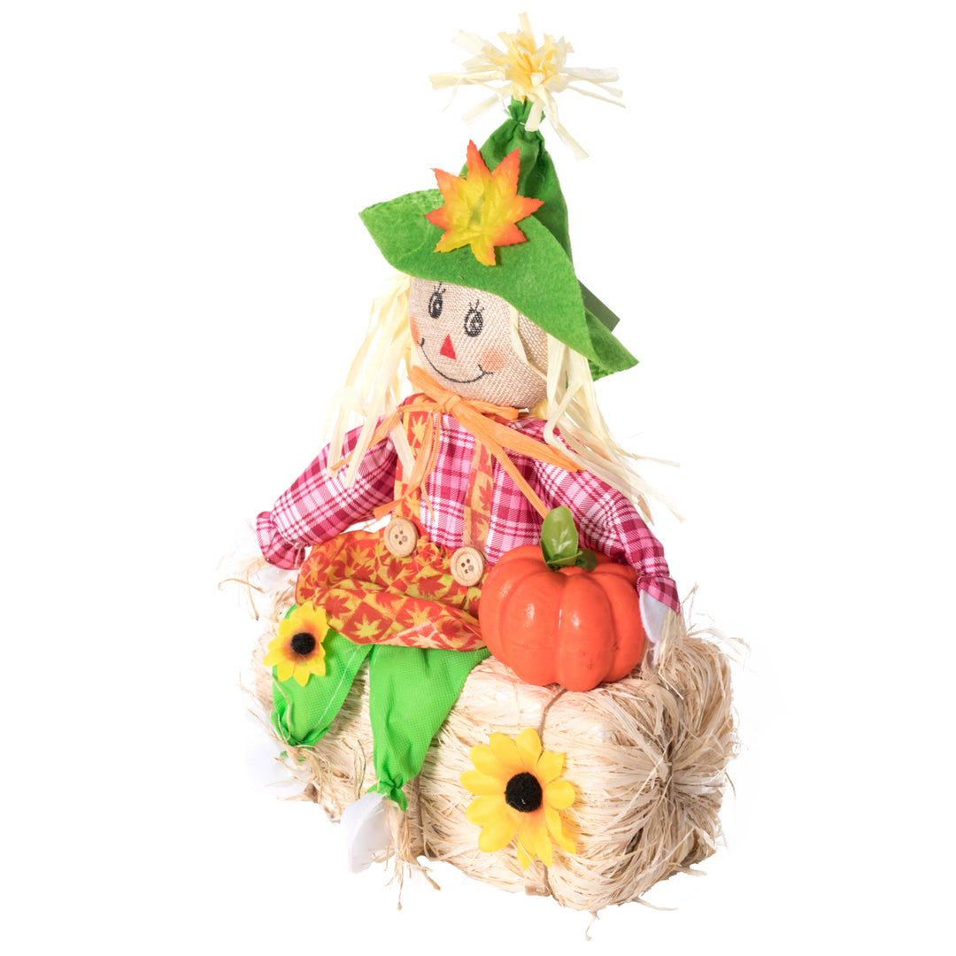 Gardenised 18 Inch Sitting on Straw and Hay Bales Multicolor Trio Scarecrows for Halloween, Fall and All Time Season Image 3