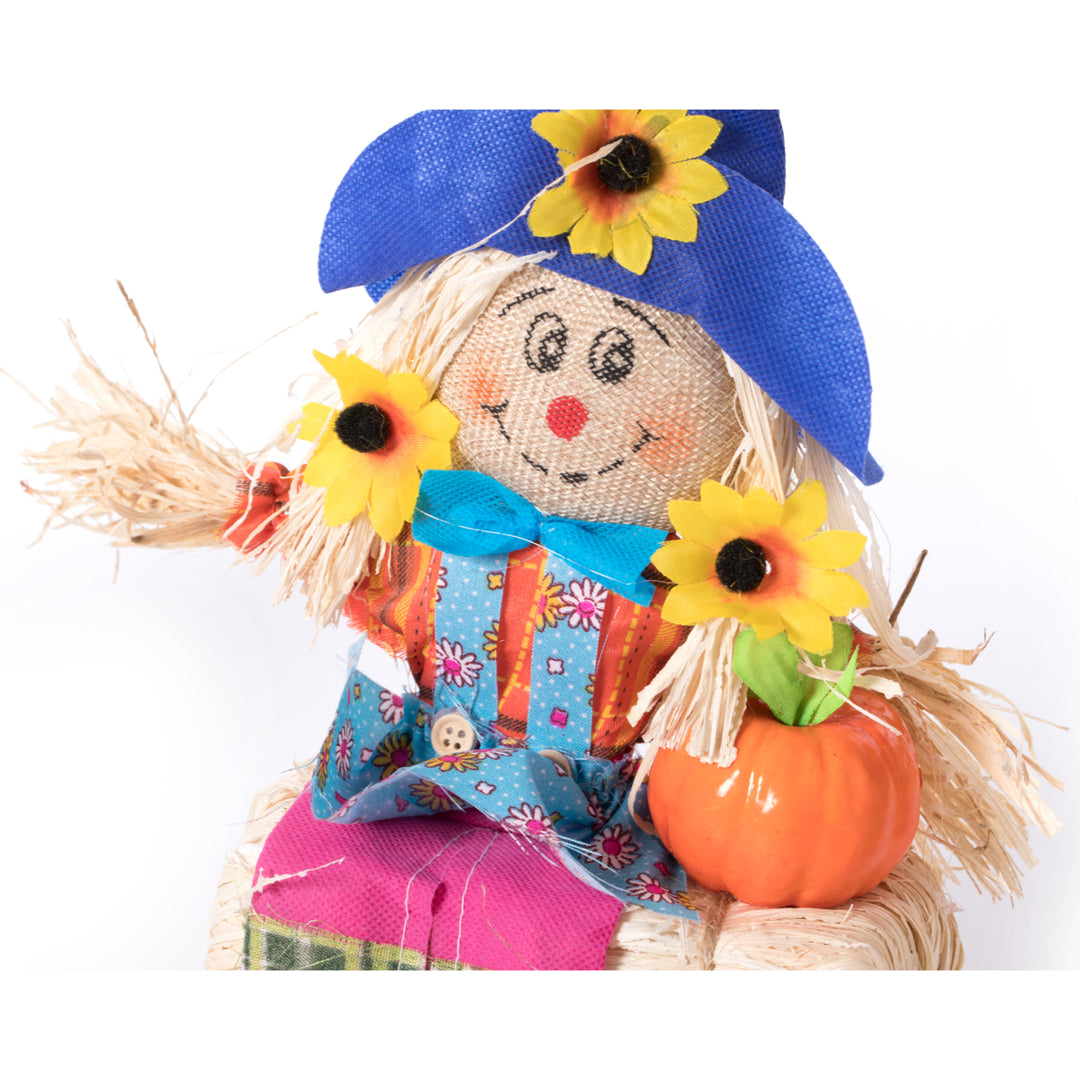 Gardenised 12 Inch Sitting on Straw and Hay Bales Multicolor Trio Scarecrows for Halloween, Fall and All Time Season Image 4