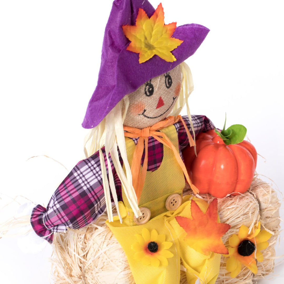 Gardenised 18 Inch Sitting on Straw and Hay Bales Multicolor Trio Scarecrows for Halloween, Fall and All Time Season Image 4