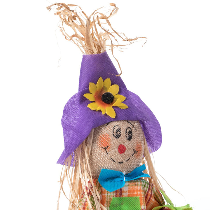 Gardenised 12 Inch Sitting on Straw and Hay Bales Multicolor Trio Scarecrows for Halloween, Fall and All Time Season Image 5