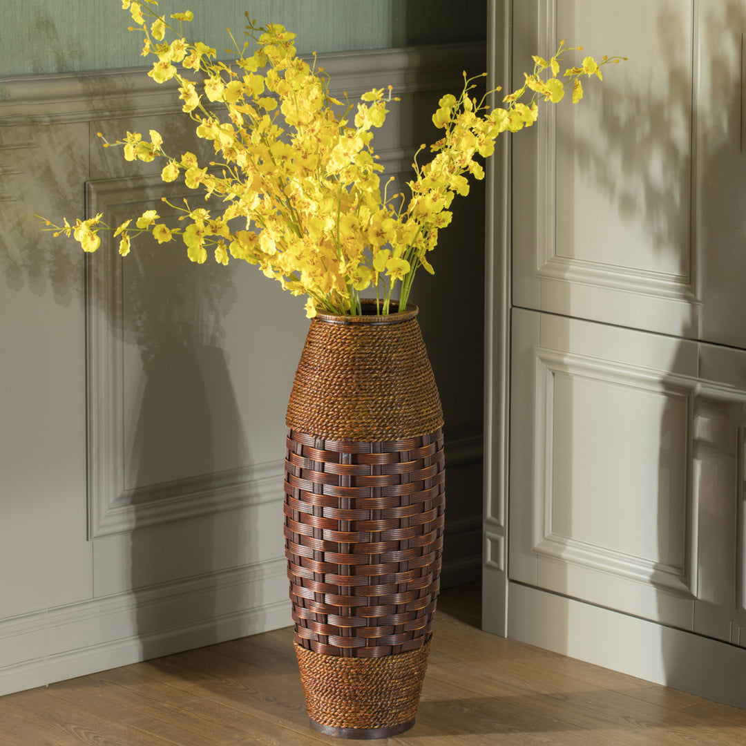 Antique Cylinder Floor Vase 26" Tall Brown Bamboo Rope for Living Room Entryway Image 8