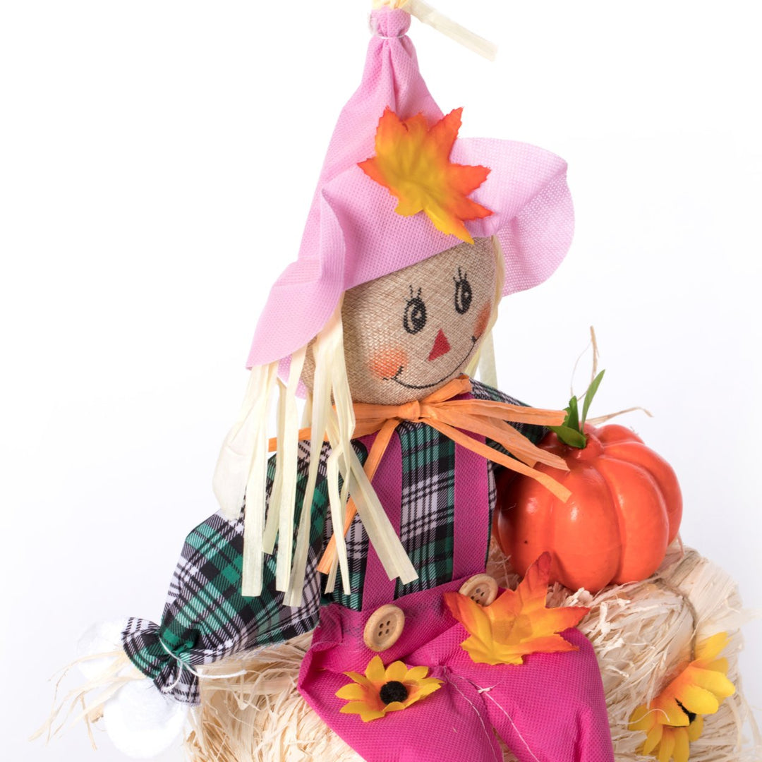 Gardenised 18 Inch Sitting on Straw and Hay Bales Multicolor Trio Scarecrows for Halloween, Fall and All Time Season Image 5