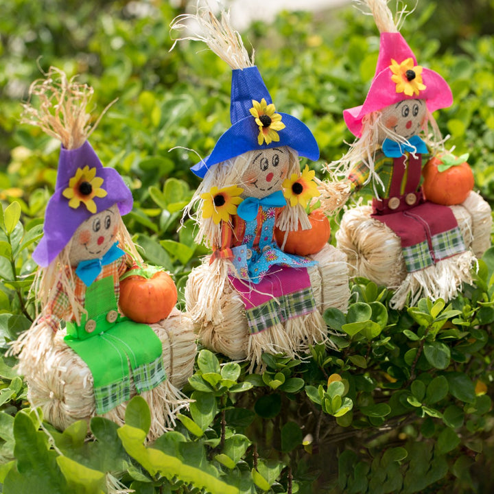 Gardenised 12 Inch Sitting on Straw and Hay Bales Multicolor Trio Scarecrows for Halloween, Fall and All Time Season Image 7