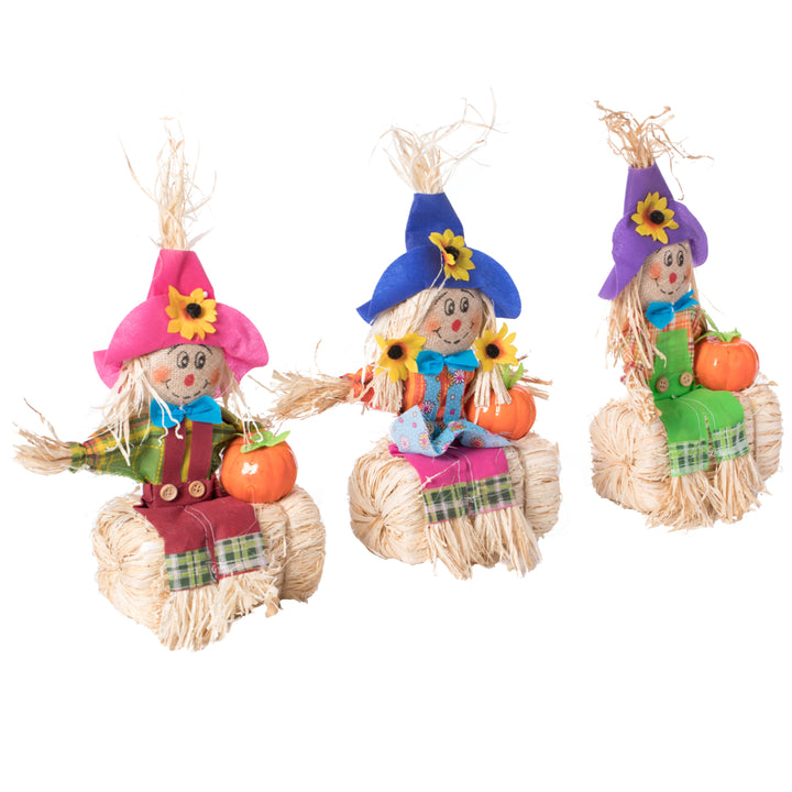 Gardenised 12 Inch Sitting on Straw and Hay Bales Multicolor Trio Scarecrows for Halloween, Fall and All Time Season Image 8
