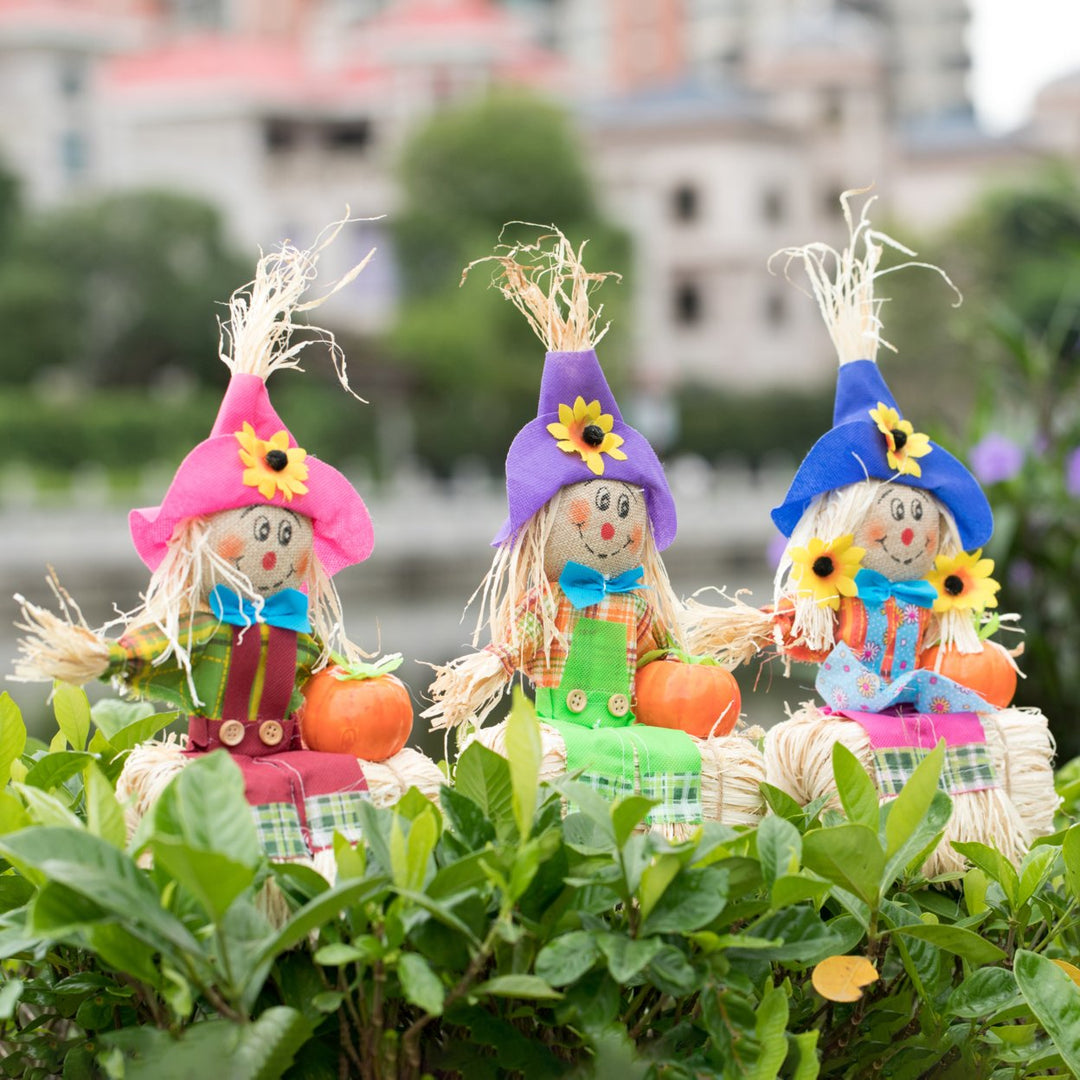 Gardenised 12 Inch Sitting on Straw and Hay Bales Multicolor Trio Scarecrows for Halloween, Fall and All Time Season Image 9