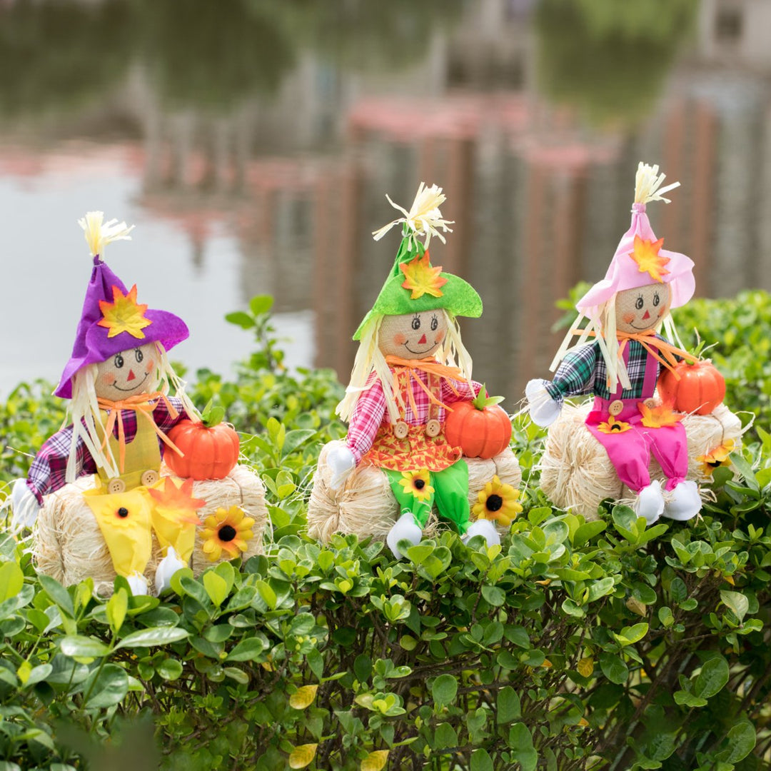 Gardenised 18 Inch Sitting on Straw and Hay Bales Multicolor Trio Scarecrows for Halloween, Fall and All Time Season Image 8