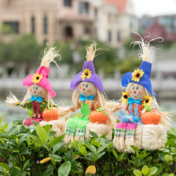 Gardenised 12 Inch Sitting on Straw and Hay Bales Multicolor Trio Scarecrows for Halloween, Fall and All Time Season Image 10