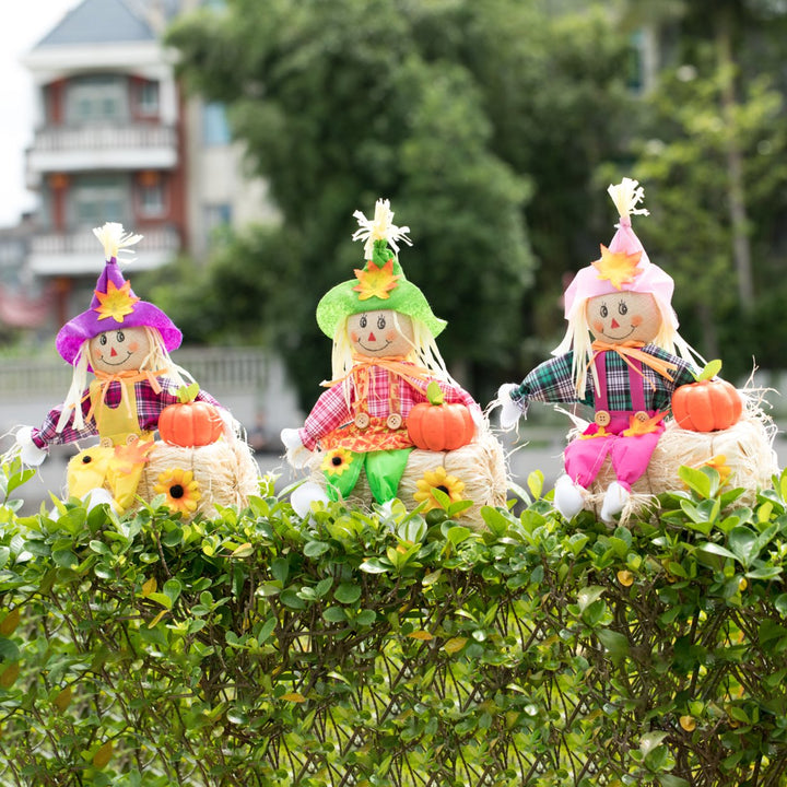 Gardenised 18 Inch Sitting on Straw and Hay Bales Multicolor Trio Scarecrows for Halloween, Fall and All Time Season Image 9