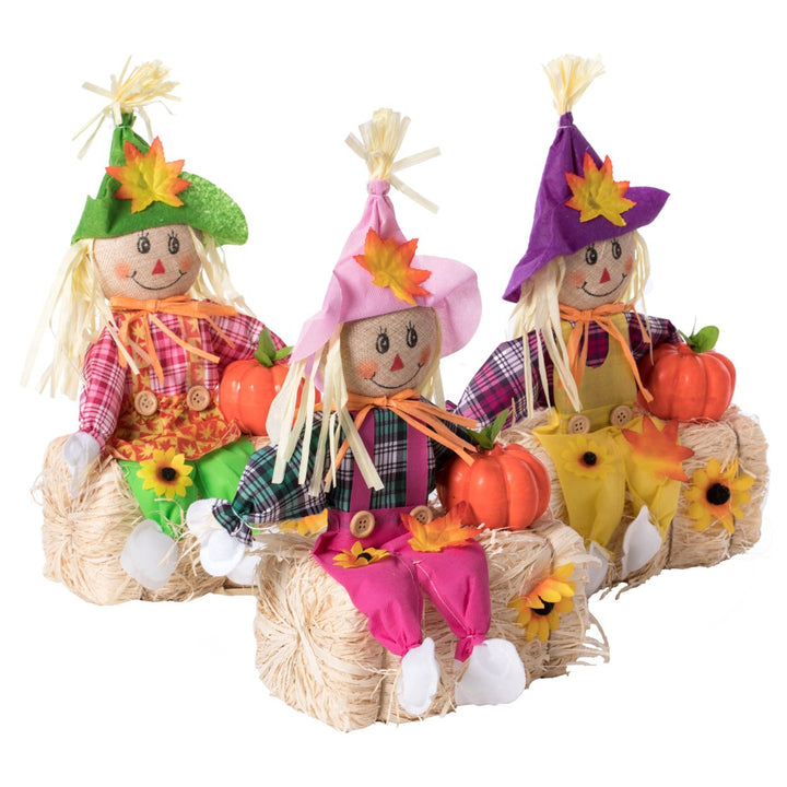 Gardenised 18 Inch Sitting on Straw and Hay Bales Multicolor Trio Scarecrows for Halloween, Fall and All Time Season Image 10
