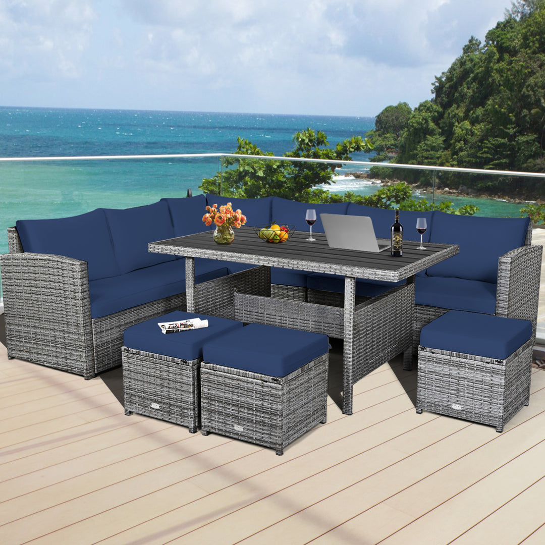 7PCS Rattan Patio Sectional Sofa Set Conversation Set w/ Navy Cushions Image 1