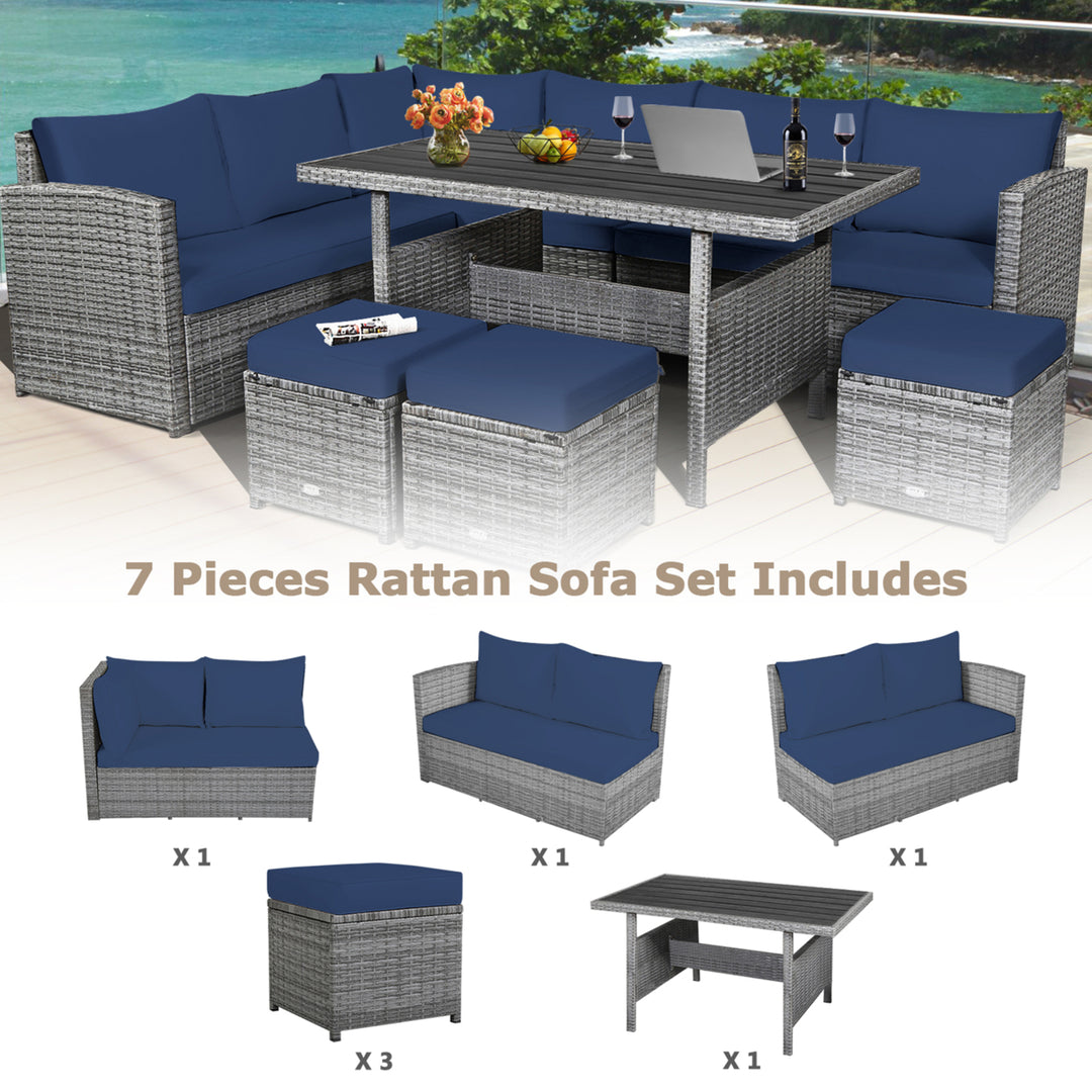 7PCS Rattan Patio Sectional Sofa Set Conversation Set w/ Navy Cushions Image 7