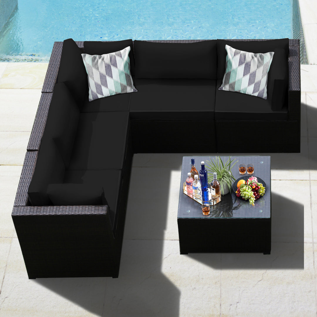 6PCS Rattan Patio Sectional Sofa Conversation Set Outdoor w/ Black Cushions Image 1