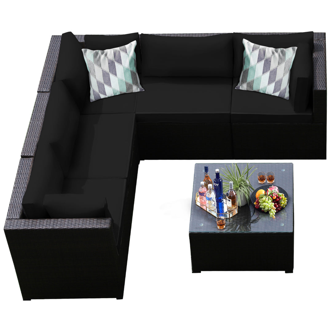 6PCS Rattan Patio Sectional Sofa Conversation Set Outdoor w/ Black Cushions Image 4