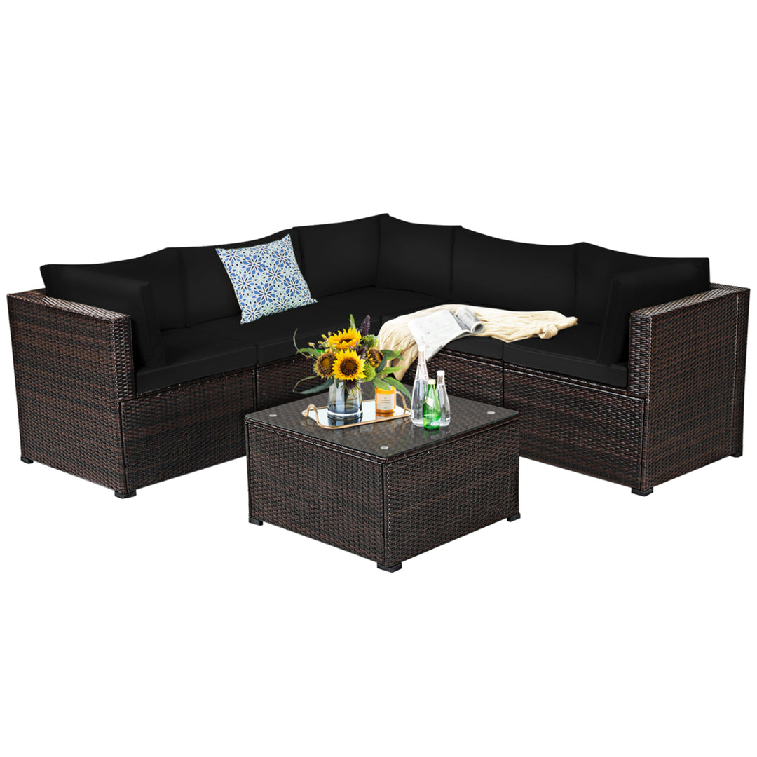 6PCS Rattan Patio Sectional Sofa Conversation Set Outdoor w/ Black Cushions Image 2