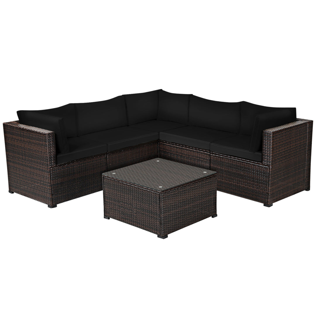 6PCS Rattan Patio Sectional Sofa Conversation Set Outdoor w/ Black Cushions Image 7