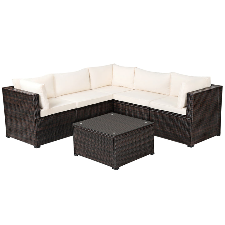 6PCS Rattan Patio Sectional Sofa Conversation Set Outdoor w/ Beige Cushions Image 7